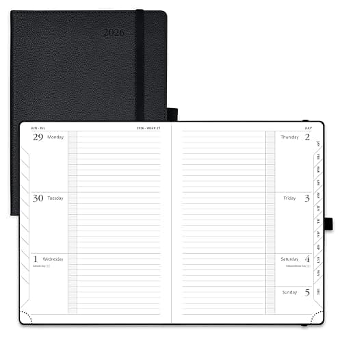 POPRUN 2026 Weekly & Monthly Planner Calendar, 6.75" x 8.75" Medium, Horizontal Layout with Lined Sections, Jan. 2026 - Dec. 2026, Leather Hardcover, 100GSM Paper, Inner Pocket - Black - Image 1