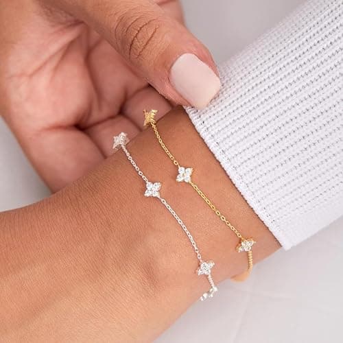 Bheop Bracelets for Women 14K Gold Silver Plated Ring Bracelet Hand Chain Dainty Evil Eye Heart Clover Daisy Cubic Zirconia Stackable Link Chain Hypoallergenic Body Jewelry Cute Trendy Gifts thumbnail 9