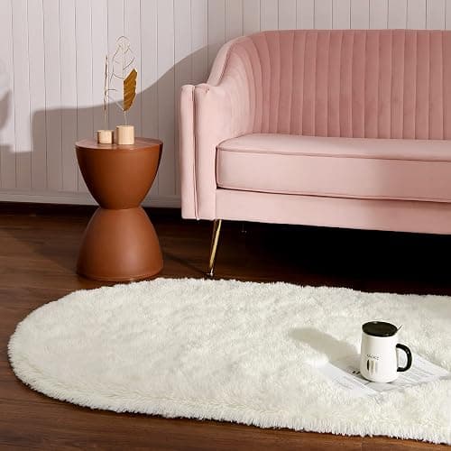 Softlife Fluffy Rugs for Bedroom, Shag Cute Area Rug for Girls/Boys and Kids Baby Room Home Decor, 2.6 x 5.3 Feet Oval Indoor Carpet for Nursery Dorm Living Room, Creamy thumbnail 5