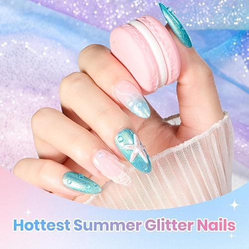 Beetles Glitter Gel Nail Polish Set, Starfish Gleam Summer Pastel Sparkly Gel Polish Set, 6 Colors Blue Pink Nude Shimmer Soak Off Uv Gel Nail Polish for DIY Nail Art Salon Gifts for Women thumbnail 5