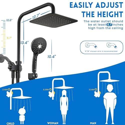Ryamen Dual Shower Head Combo, 8'' High Pressure Rain Shower Head with Handheld Spray, 6 Settings Handheld Showerhead, 15" Height Adjustable Slide Bar, Angle Adjustable, Matte Black thumbnail 2