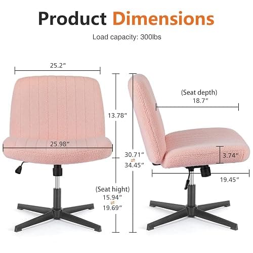 Sweetcrispy Criss Cross Office Chair, Vanity Chair No Wheels | Furry Teddy Fleece, Armless Wide Seat, Height Adjustable Swivel Desk, Task Computer Home Bedroom, Teddy Pink thumbnail 2