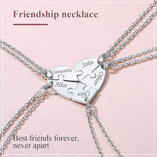 FindChic Personalized Matching BFF Necklace for 2/3/4/5/6 Puzzle Name Heart Pendant Stainless Steel Couple Necklace Set Customized Necklaces for Teen Girls thumbnail 3