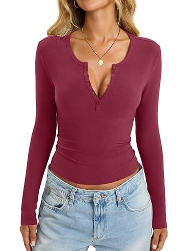 EasyGala Womens Cotton Long Sleeve Shirts V Neck Henley Tops Slim Fit Basic Going Out Tshirts Fall Fashion Outfits 2026 thumbnail 2