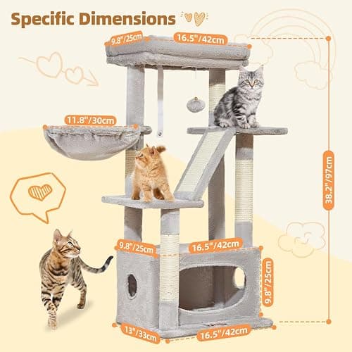 Taoqimiao Cat Tree,38.2-Inch Cat Tower for Indoor Cats,Suitable for Kittens with Luxurious cat condo with Adjustable Baskets and Luxurious Perch Light Gray MS029SW thumbnail 2