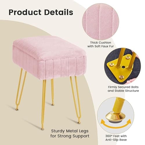 FUXA Vanity Stool with Storage, Pink Vanity Chair 4 Metal Legs with Anti-Slip Feet, Faux Fur Soft Padded Seat, Cute Small Footstool Ottoman, Modern Multifunctional Chairs for Makeup Bedroom thumbnail 7