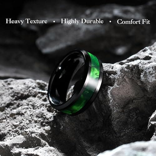 King Will Tungsten Carbide Wedding Band for Men - 8mm Black High Polished Inlay Green/Black Olive Shell Texture Patterns for Everyday Wear Comfort Fit thumbnail 2