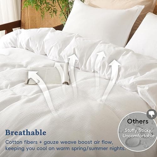 David's Home 100% Cotton Muslin Duvet Cover Set Queen Size,3 Pcs Ultra Soft Breathable & Lightweight Gauze Bedding Set with 2 Pillowcases,Textured Home Decor with Button, 90"×90" White,No Insert thumbnail 3