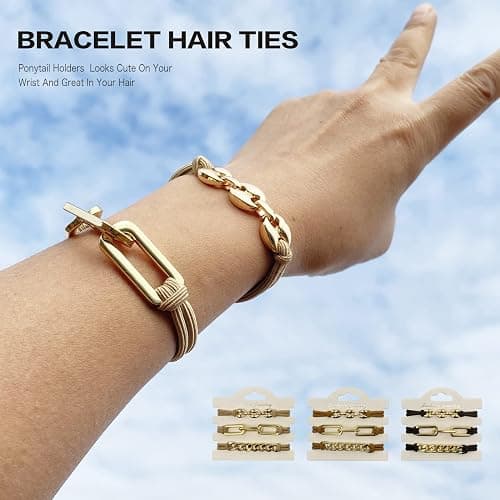 Bracelet Hair Ties for women - Ponytail Holders - Cute Hair Accessories with Gold Jewelry - Handmade Soft Elastic No Damage Scrunchies - Khaki thumbnail 6