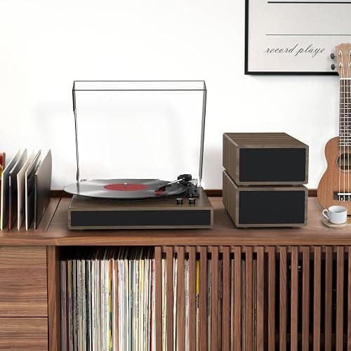 Vinyl Record Player with Dual Stereo Bookshelf Speakers Vintage Turntable with Bluetooth Wireless Playback Belt Drive 3-Speed Playback Record Player Support RCA Out Auto Stop thumbnail 8
