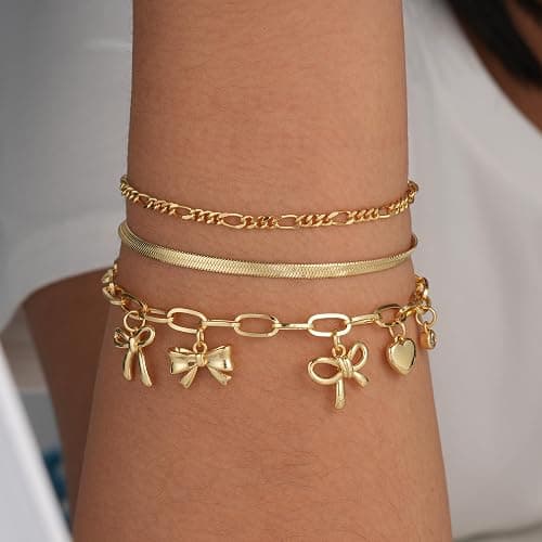 Maxcate 3PCS Charm Gold Bracelets for Women Non Tarnish,14k Plated Gold Bracelet Stack Cute Dainty Stackable Trendy Bow Cross Clover Bracelets Set Tarnish Free Gold Jewelry for Women Gifts thumbnail 7