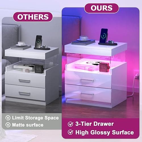 WelFurGeer High Glossy Night Stand, White LED Night Stand with Charger Station, Bedside Table with Drawers, Modern Nightstands, Wood Small Nightstand, Nightstands with Drawers for Bedroom thumbnail 6