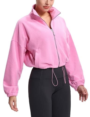 THE GYM PEOPLE Women's Fleece Cropped Jacket Full Zip Stand Collar Workout Short Sherpa Coats with Pockets Drawstring Hem thumbnail 6