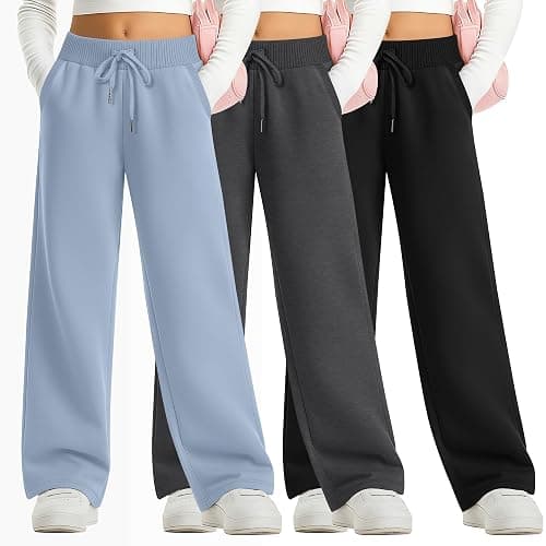 LessonZoo 3 Pack Girls Sweatpants Straight Leg Ribbed Waist Active Joggers Teens Athletic Pants with Drawstring and Pockets - Image 1