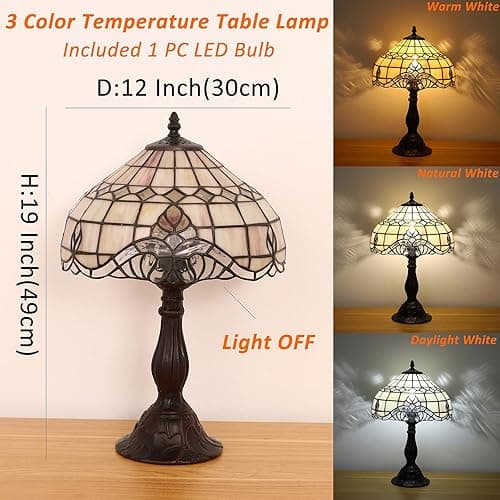 FUMAT Tiffany Vintage Table Lamp,Pink Baroque Stained Glass Vintage Lamps,Bedside Nightstand Lamps for Bedroom,Living Room,Home Office Desk Lamp,LED 3 Color Temperatures Bulb,12X12X19Inch thumbnail 7