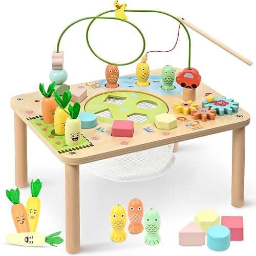 wingyz Activity Table, 6 in 1 Wooden Montessori Activity Center with Bead Maze Shape Sorter Fishing Game, Kids Sensory Play Table Toddler Toys 1st Birthday Gifts Boy Girl(Morandi-Square) - Image 1