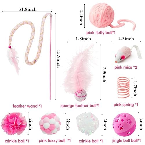MALLMALL6 10Pcs Cat Toy Set Interactive Cat Toys Pack Including Feather Teaser Wand Cat Springs Mice Crinkle Balls and Pet Bell Balls, Puzzle Toys for Indoor Cats Gift (Pink) thumbnail 2