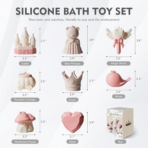 MarcZero Princess Silicone Bath Toys 8Pcs for Toddlers Kids Babies,Bathtub Water Toys,Soft Squeezable Easy-Grip Pool Toys Set (Pink) thumbnail 3