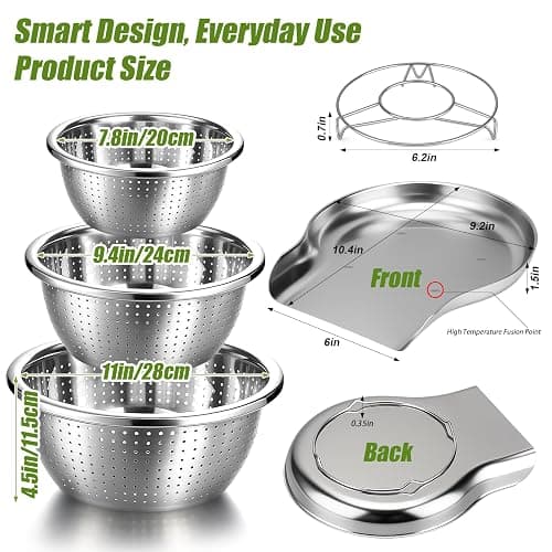 Palksky Stainless Steel Colander Set with Self-Draining Base, 3 Sizes Colanders & Food Strainers for Pasta, Rice, Fruits & Veggies, Metal Colander with Draining Plate for Sink or Countertop thumbnail 2