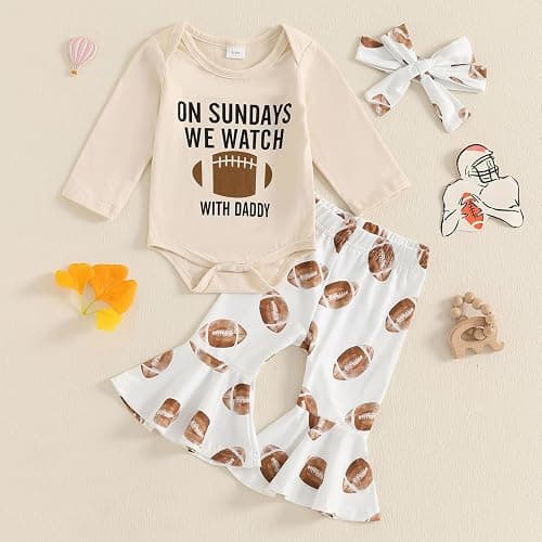 Vicaankue Newborn Baby Girl Football Outfit On Sundays We Watch Football with Daddy Romper and Bell Bottom Pants Headband Set thumbnail 2
