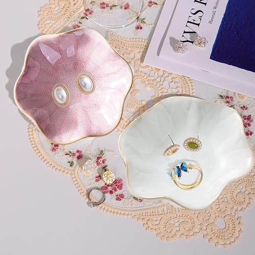 Binoster Ceramic jewelry dish, jewelry tray key tray,small ring dish holder Jewelry Plate trinket tray catchall tray nightstand decor for table room decor SM (4.3 inches, White + Pink) thumbnail 2