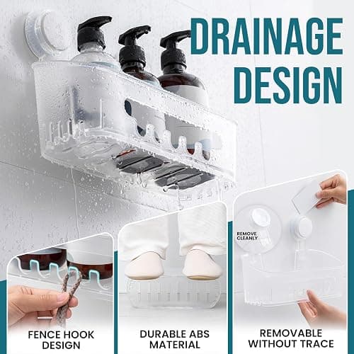 TAILI Shower Caddy Suction Cup, Heavy Duty Bathroom Organizer, Removable Shelves for Inside Shower, Shampoo, Waterproof Suction Plastic Storage for Bathroom Accessories Holder, Frosted Clear thumbnail 3