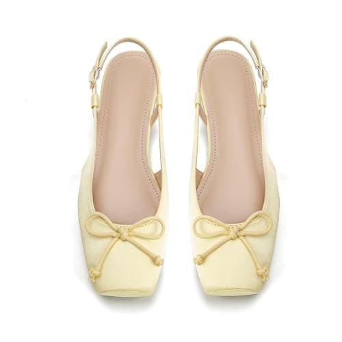 Lhamo Latso Women's Ballet Flats Slingbacks Square Toe Bow Knit Dressy Flat Shoes with Ankle Buckles Satin - Image 1