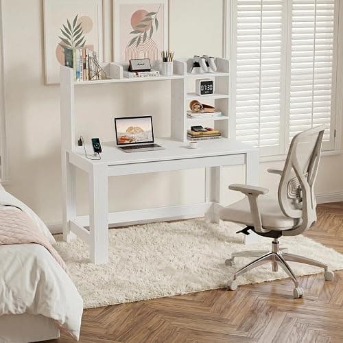 WINAZ 43" White Student Desk with Hutch and Built-in Power Outlet | Computer Writing Desk with Storage Shelves for Small Space, Modern Home Office Workstation for Bedroom Dorm thumbnail 6