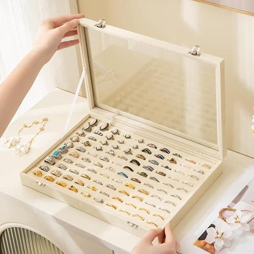 Frebeauty 100 Slots Ring Organizer Tray,Velvet Ring Box with Clear Lid | Velvet Lining Provides Protection,Fits Rings of Various Sizes,Glass Lid Jewelry Tray,for Personal Use and Ring Display thumbnail 2
