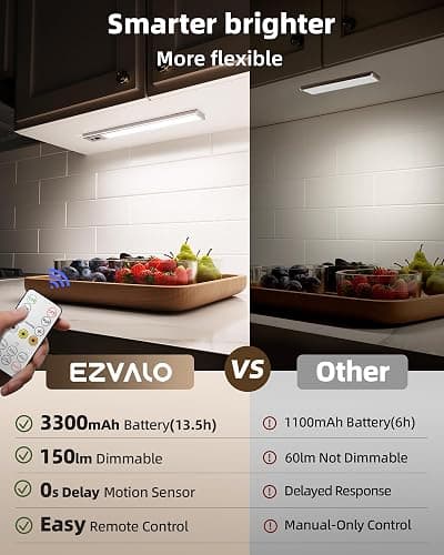 EZVALO 5-Pack Under Cabinet Lighting, 3300mAh Rechargeable Motion Sensor Light, 12inch Magnetic Closet Lights with Dimmable & 3 Color Temps, Wireless Motion Activated Lights with Remote for Kitchen thumbnail 2