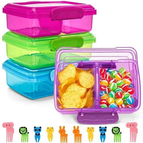 Hiceeden 4 Pcs 18 Oz Snack Containers with Lids, Reusable 2 Compartments Plastic Food Container with Cute Forks, BPA-Free Travel Bento Lunch Boxes for Kids & Adults, Dishwasher Safe - Image 1