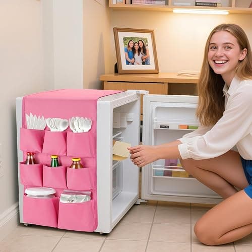 Extended Mini Fridge Caddy Organizer - 55" x 13" Back to School Dorm and Office Over the Fridge Storage Organizer with 12 Pockets for Flatware Drink Paper Goods, College Must Have, Pink thumbnail 2