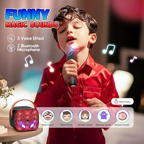 Cool Mini Karaoke Machine Toys: Kids Toys Birthday Gifts Age 3-12+ LED Portable Bluetooth Speaker with 2 Wireless Microphone Gift Toy for 4 5 6 7 8 9 Years Old Girls Boys Kid Adults - Black thumbnail 5
