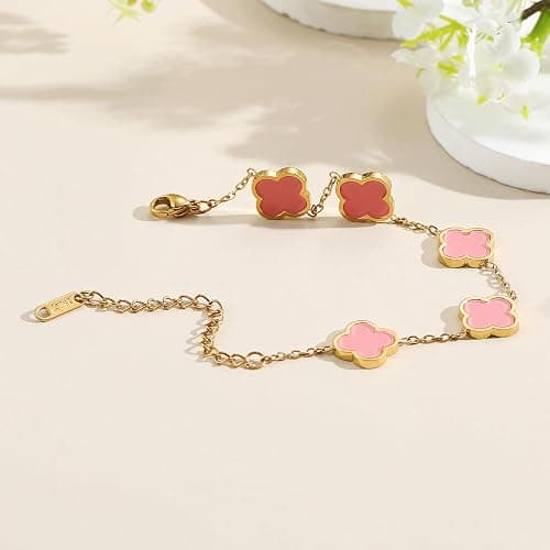 AIPPK 18K Gold Plated Clover Lucky Bracelet for Women White/Black/Red/Green Flower Four Leaf Link Bracelets Trendy Jewelry Gifts for Women thumbnail 3