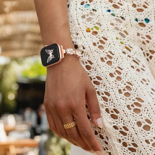 Maledan Rose Diamond Metal Bands Compatible with Apple Watch Series 11/10/9/8/7/6/5/4/3/2/SE/Ultra Women, Stylish Bling Jewelry Bracelet Replacement Bands for iWatch 38mm 40mm 41mm 42mm 44mm 45mm 46mm thumbnail 7
