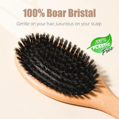 SunHer Boar Bristle Hair Brush - 100% Soft Boar Bristle Brush for Women Men Kids Restore Shine and Fine - Wooden Slick Back Hairbrush with Plastic Tail Comb for Short Thin Dry Hair thumbnail 2