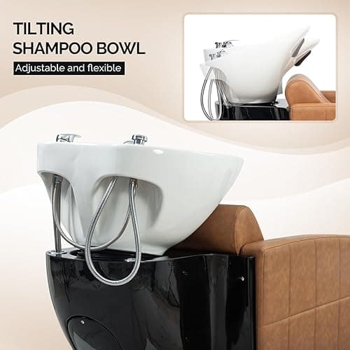 OmySalon Salon Shampoo Bowl and Chair, Shampoo Chair Extra Wide Seat & Porcelain Hair Washing Sink, Shampoo Unit for Beauty Spa Barbershop, Brown thumbnail 6
