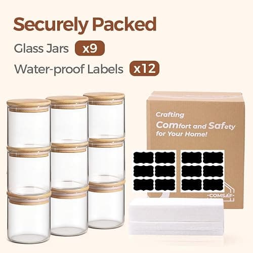ComSaf 0.6 Qt Glass Food Storage Jars Set of 9, Clear Glass Storage Containers with Lids, Pantry Organization Jar, Spice, Blooming Tea, Oat, Coffee and Sugar Container, Small Canister Set for Kitchen thumbnail 8