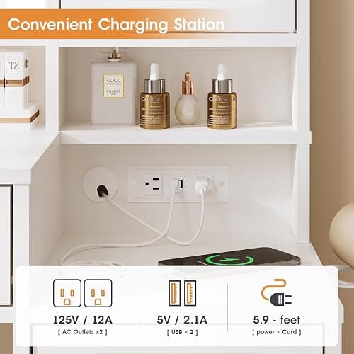 Maupvit Vanity Desk with Mirror and Light，Vanity Desk with 2 Large Drawers, 2 Large Storage，Charging Station and 10 Lights 3 Lighting Modes Adjustable Brightness Dresser, White thumbnail 6