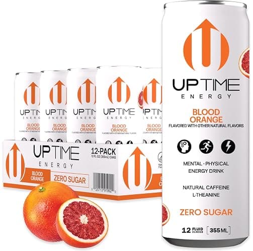 UPTIME Energy Drink, Blood Orange Sparkling, 12 Pack, Vitamin C, L Theanine, Calcium, Sugar Free Energy Drinks for Focus Support, 142mg of Natural Caffeine, 0 Calories, Clean, Natural, 12 fl oz Cans - Image 1
