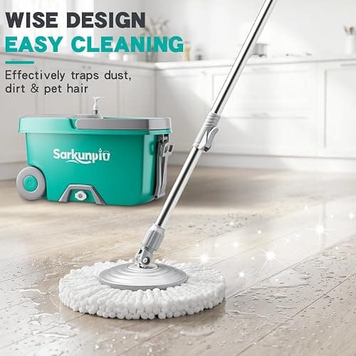 Sarkunpio Mop and Bucket Set with Wringer, Spin Mop Floor Cleaning System with 6 Replacement Microfiber Heads & 61" Extra-Long Handle for Home Floor, Blue thumbnail 3