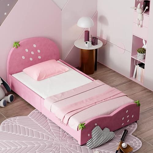HONEY JOY Twin Bed Frames for Kids, Toddler Wooden Twin Bed Platform w/Headboard & Slat Base, No Box Spring Needed, Children Bedroom Furniture for Boys Girls, Fits Standard Twin Mattress, Strawberry thumbnail 3