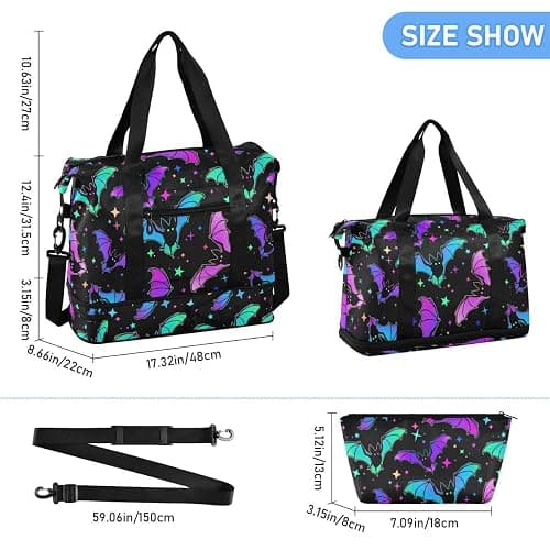 Travel Duffel Tote Bag Halloween Luminous Bats Sports Duffel Bag with Wet Pocket Weekender Overnight Bag for Women Men Gym Bag, Carry On Bag Hospital Bag for Labor and Delivery thumbnail 3