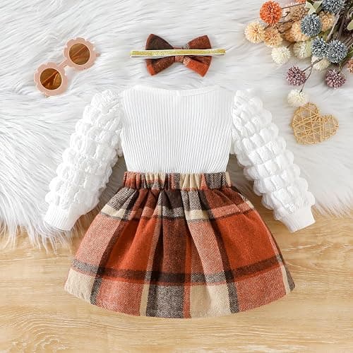 Toddler Baby Girl Plaid Dress Puff Sleeve Bow Patchwork Ribbed Shirts Dress Plaid Fall Winter Outfits with Headband thumbnail 5