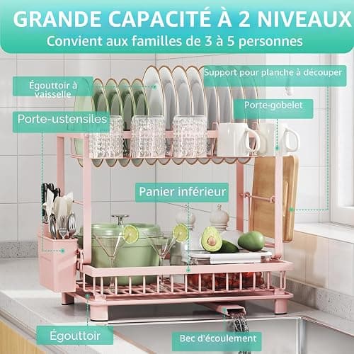 Nfnoyp Égouttoir à Vaisselle Multifonction à 2 Niveaux, antirouille avec égouttoir, ustensiles et Porte-gobelets pour comptoir de Cuisine, Rose thumbnail 3