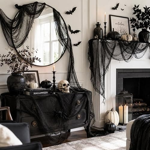 5 Pcs Black Halloween Gauze Creepy Cloth Fabric Tapestry Decor Decorations | 72 x 30 inch Black Halloween Decor, Indoor Outdoor Spooky Halloween Decorations for Home Wall Party Table Yard Haunted House thumbnail 3