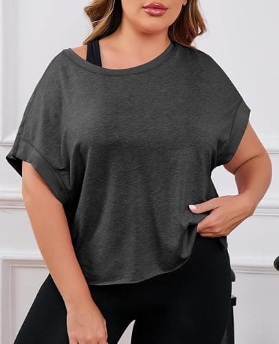 Fisoew Womens Plus Size Open Back Workout Tops Backless Athletic Shirt | Short Sleeve, Running Crop Top, Gym Yoga T-Shirt thumbnail 3