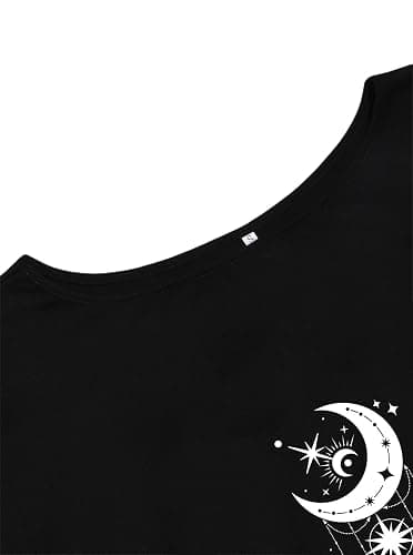 Remidoo Off The Shoulder Tops for Women Graphic Asymmetrical Gothic Shirt | Goth, Witchy clothes, Short Sleeve, Off Shoulder Tshirt, Loose Fit, Sexy, Hippie, Punk, Band, Rock, Concert, Summer, Vintage thumbnail 6