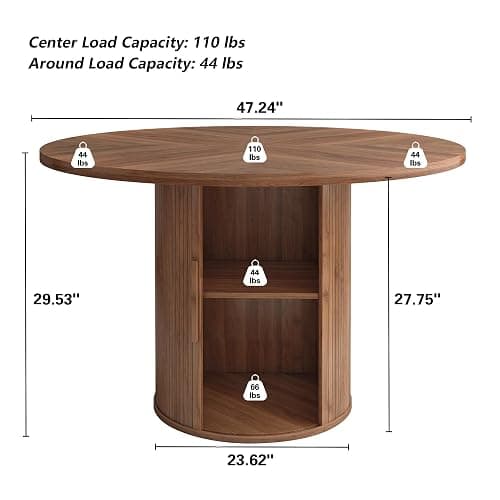 weselon 47 inch Round Dining Table for 4, Kitchen Table Dinner Table with 2-Layer Storage Shelf and Wood Slide Door for Home Dining Room Living Room (Walnut) thumbnail 2