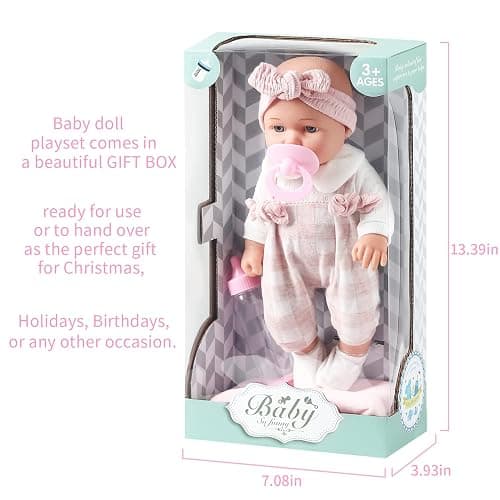 Enjoyin 12'' Baby Doll in Gift Box with Pink Cloths, Pacifier, 13''x13'' Microfabric Blanket, and Feeding Bottle. Gift Idea for Ages 3+ thumbnail 5
